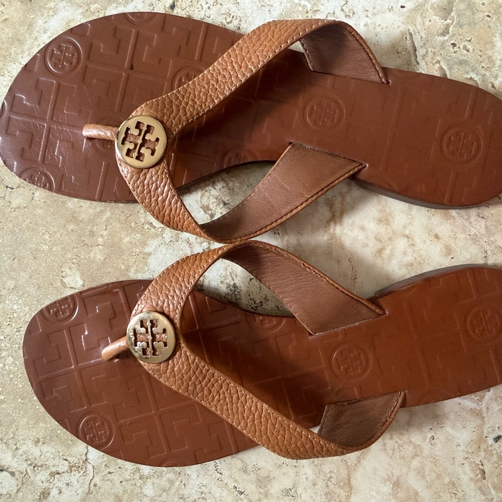 Tory Burch Cognac Leather Logo Thong Sandals
